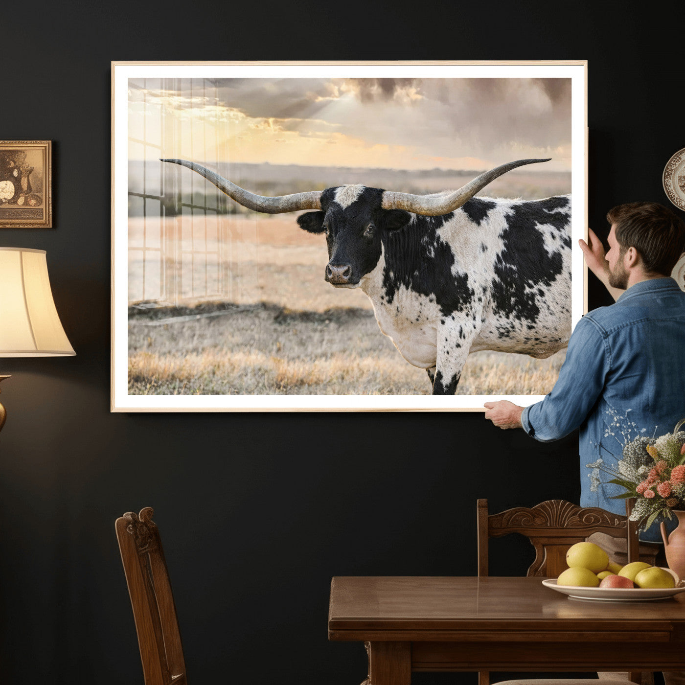 49350433-MGV-CV-36X24 - Texas Longhorn Bull Rustic Wall Art Canvas Print, Western Cattle Photography Canvas Print, Ranch Farm Animal Western Art Printing