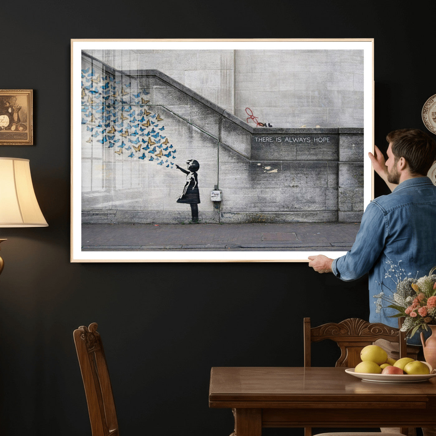 15274223-MGV-CV-36X24 - Banksy Girl with Butterflies Street Art Wall Art Canvas Print, Hope Graffiti Urban Art Canvas Print, Minimalist Inspirational Street Art Contemporary Art Printing