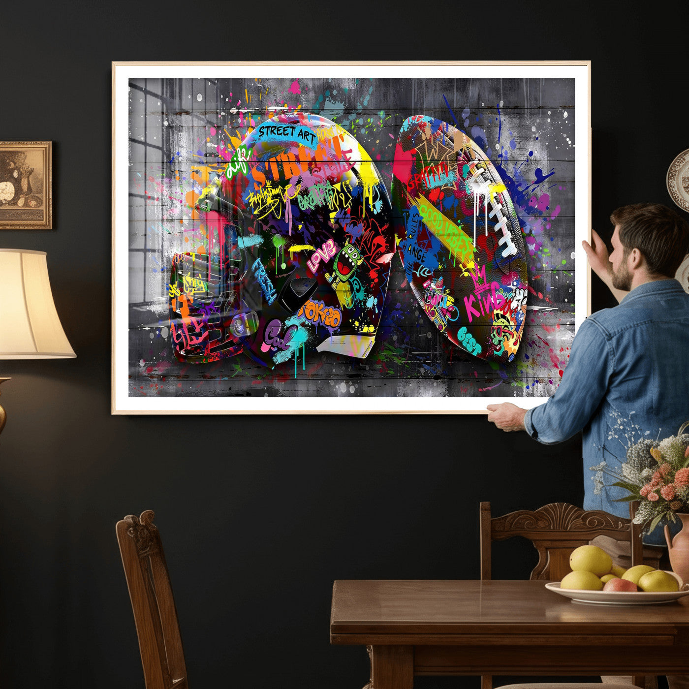 80540773-MGV-CV-36X24 - Graffiti American Football Helmet Street Art Wall Art Canvas Print, Urban Sports Pop Art Football Canvas Print, Colorful Graffiti Sports Contemporary Art Printing