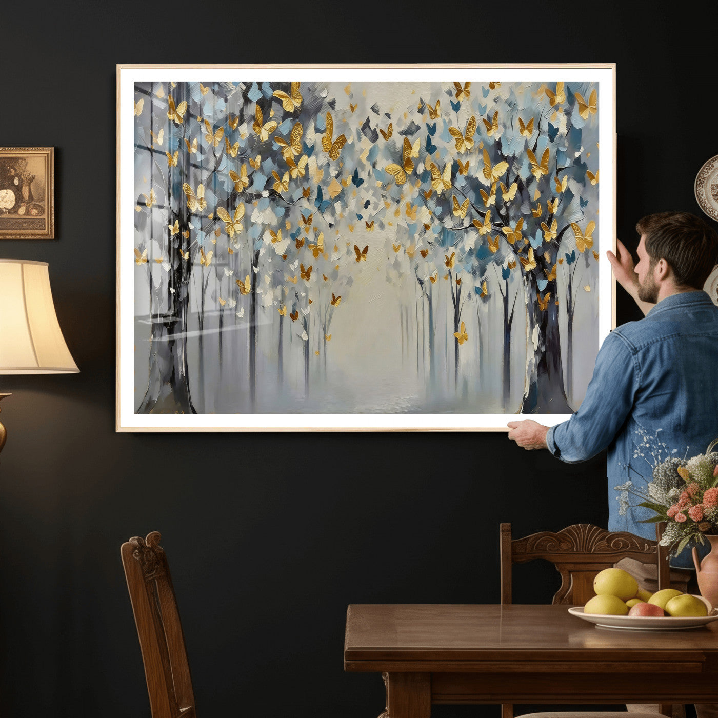 79208191-MGV-CV-36X24 - Golden Butterfly Tree Abstract Wall Art Canvas Print, Modern Elegant Nature Painting Canvas Print, Blue Gold Contemporary Floral Art Printing