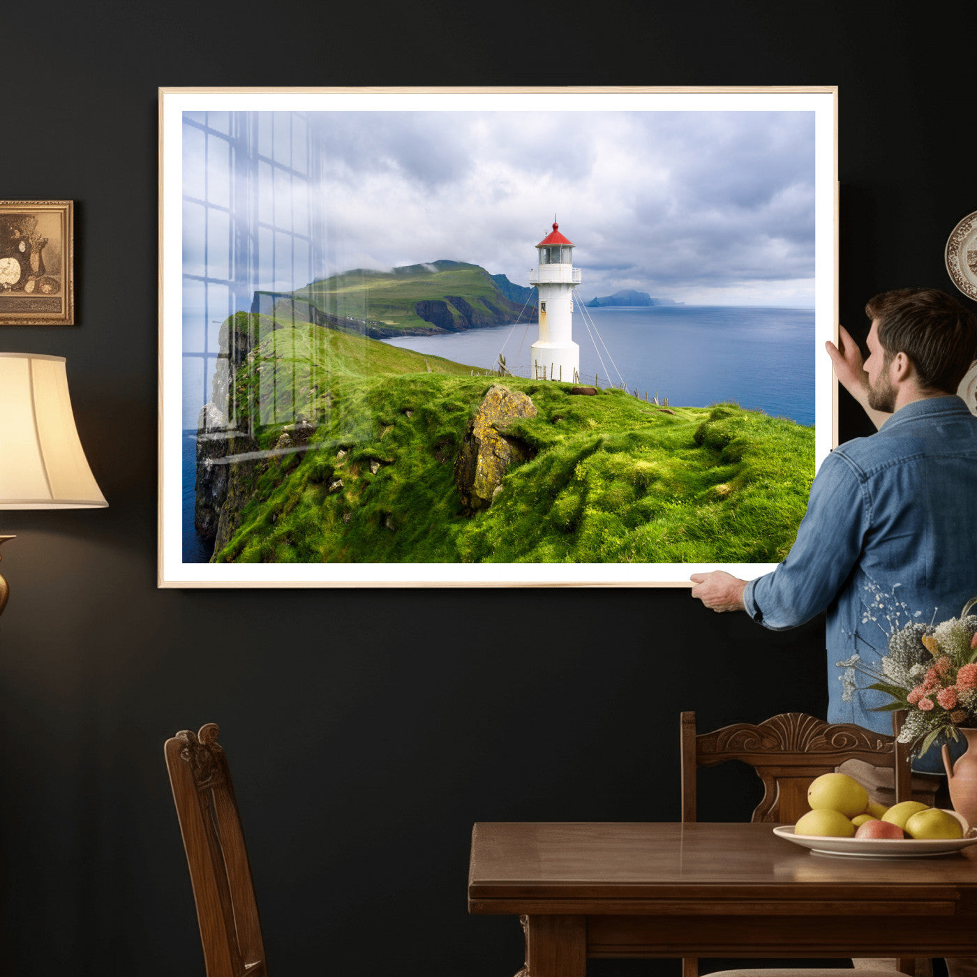 10680390-MGV-CV-36X24 - Coastal Lighthouse Wall Art Canvas Print, Cliffside Ocean Landscape Canvas Print, Scandinavian Coastal Decor for Living Room