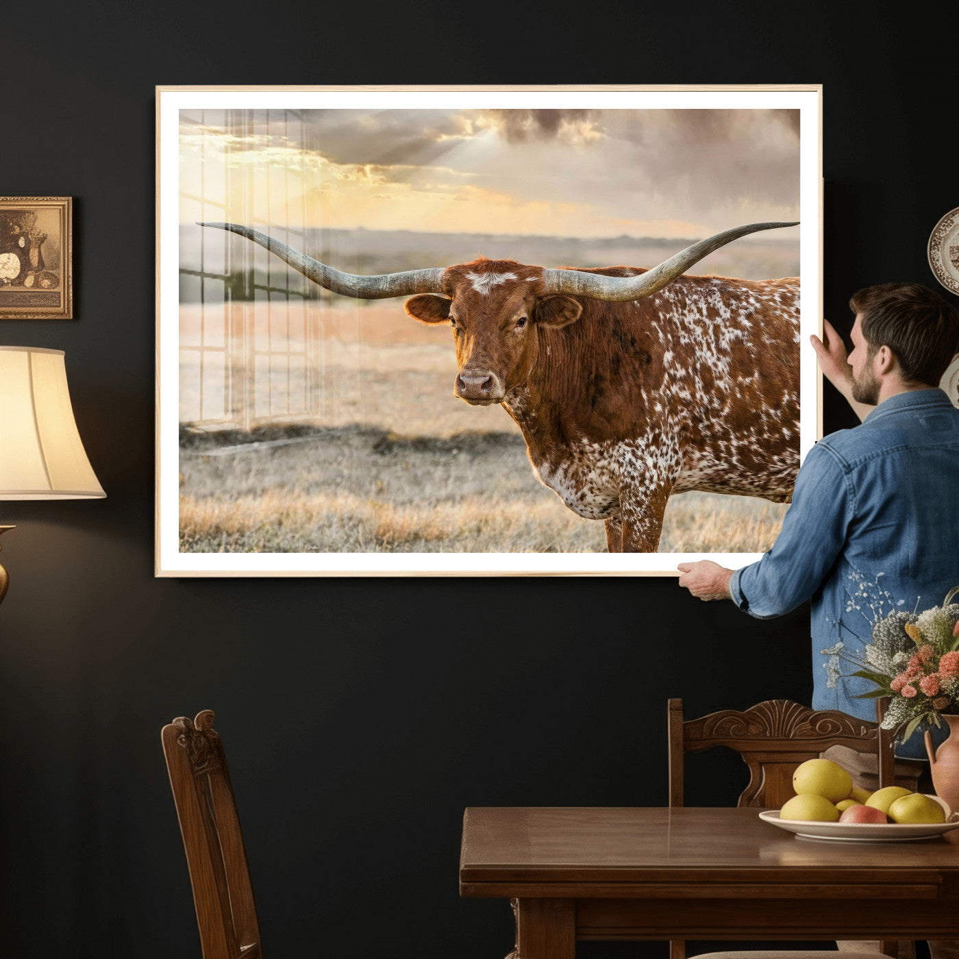 16502384-MGV-CV-36X24 - Texas Longhorn Wall Art Canvas Print, Western Ranch Bull Photography Canvas Print, Rustic Farmhouse Cattle Artwork for Living Room Decor