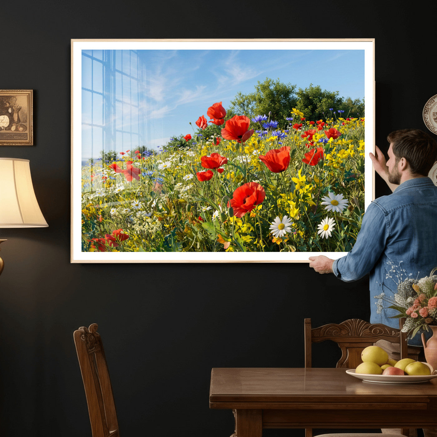 38570784-MGV-CV-36X24 - Wildflower Meadow Wall Art Canvas Print – Colorful Poppy and Daisy Field Landscape Artwork for Living Room Decor