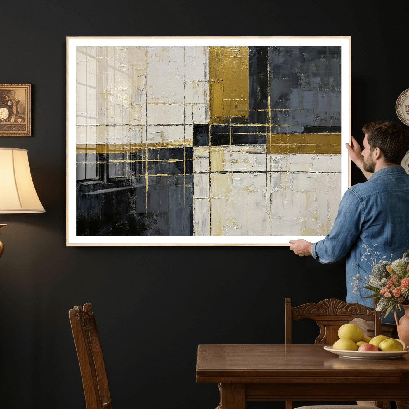 36097945-MGV-CV-36X24 - Abstract Gold and Black Wall Art Canvas Print – Modern Geometric Neutral Artwork for Living Room Decor