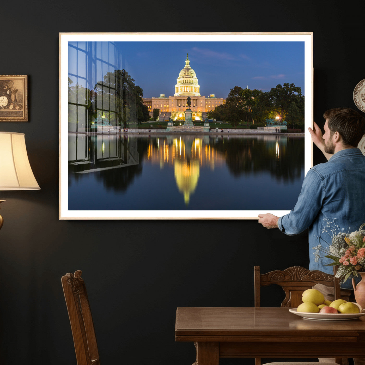 95568590-MGV-CV-36X24 - US Capitol Building Wall Art Canvas Print – Washington DC Landmark Night Reflection Artwork for Office Decor