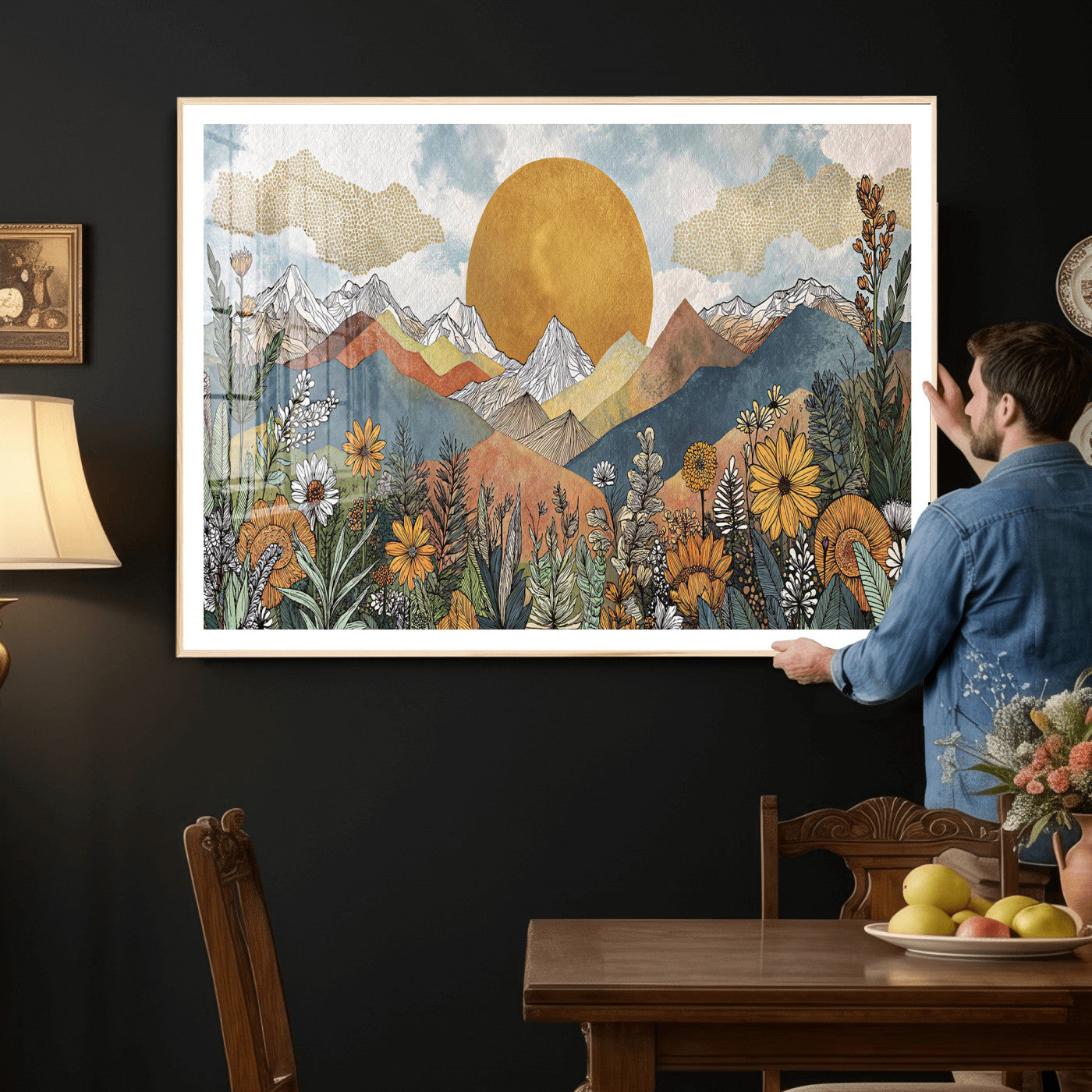 17540863-MGV-CV-36X24 - Boho Mountain Landscape Large Wall Art, Horizontal Gold Framed Canvas Print with Sun and Flowers