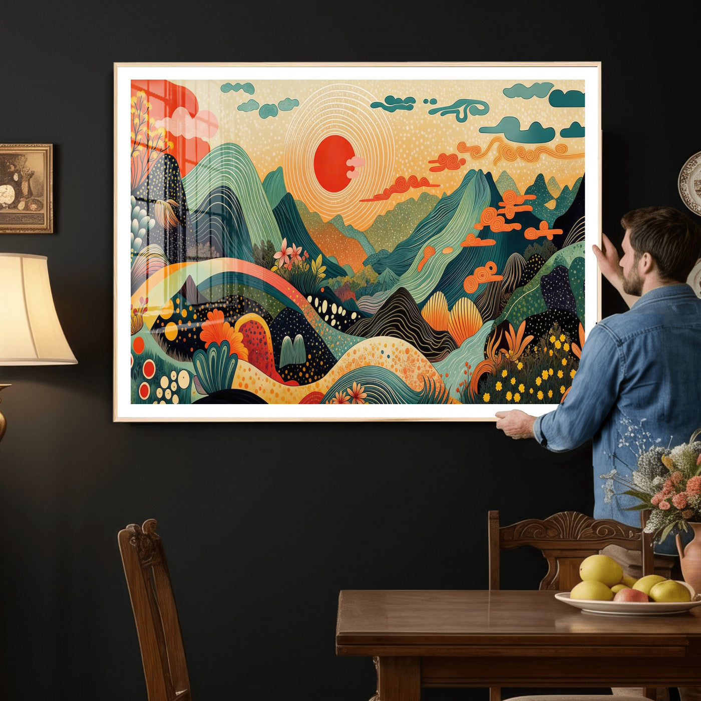 29927191-MGV-CV-36X24 - Yayoi Kusama Boho Mountain Landscape Large Wall Art, Horizontal Gold Framed Canvas Print with Sun and Flowers