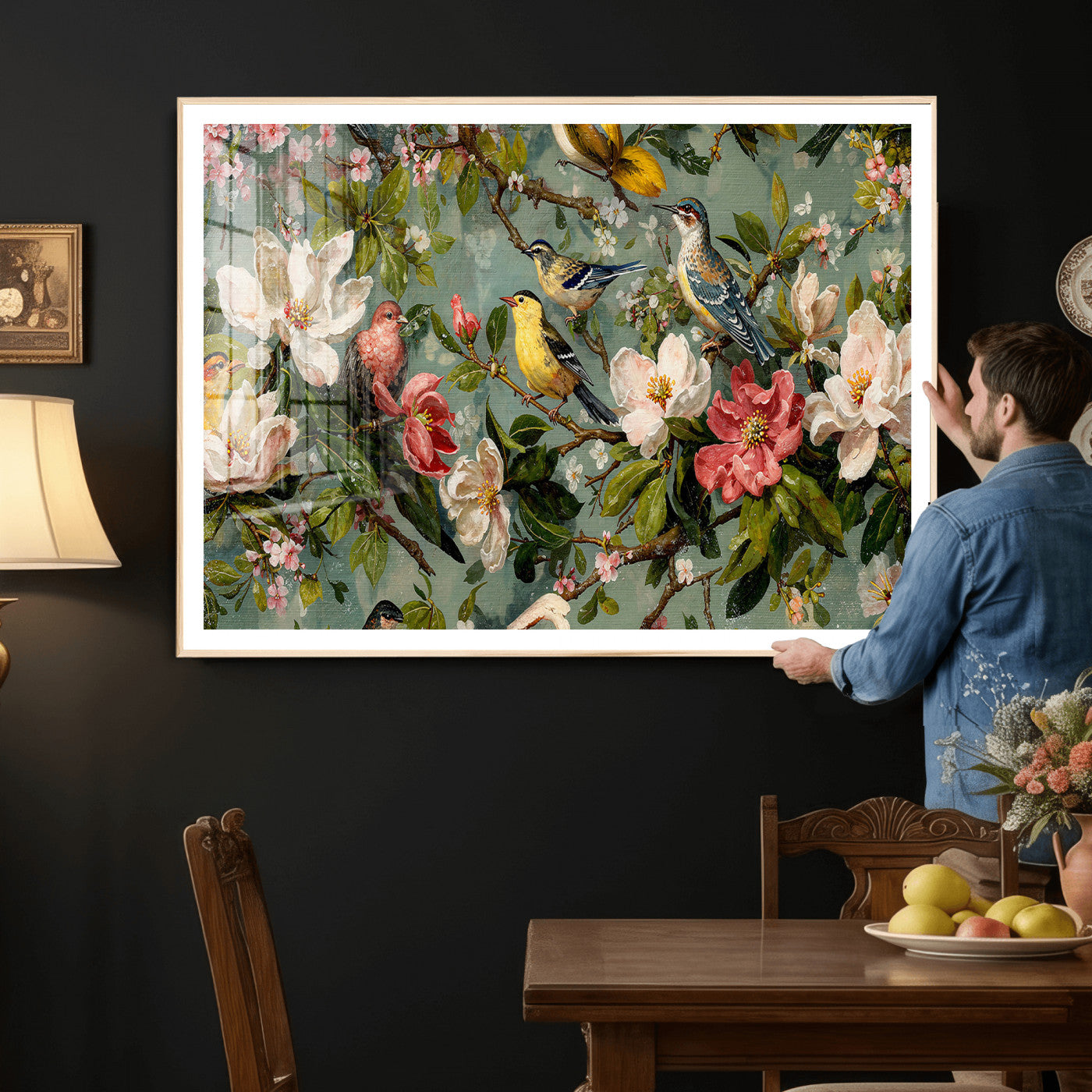 77883606-MGV-CV-36X24 - Vintage Birds and Flowers Wide Wall Art: Extra Large Panoramic Botanical Print