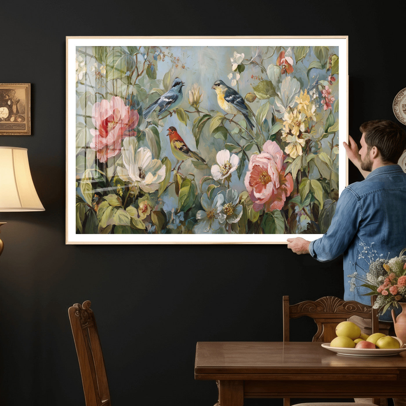 55440837-MGV-CV-36X24 - Vintage Birds and Flowers Wall Art Canvas Print, Botanical Bird Painting Canvas Print, Floral Garden Bird Artwork Canvas Print, Classic Bird Flower Painting Canvas Print