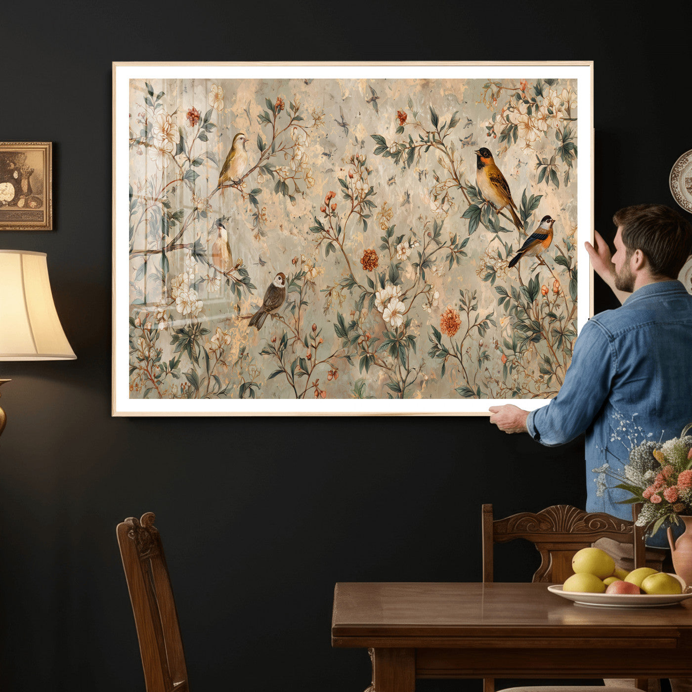 76588438-MGV-CV-36X24 - Vintage Birds and Flowers Wall Art Canvas Print, Botanical Bird Painting Canvas Print, Floral Garden Bird Artwork Canvas Print, Classic Bird Flower Painting Canvas Print