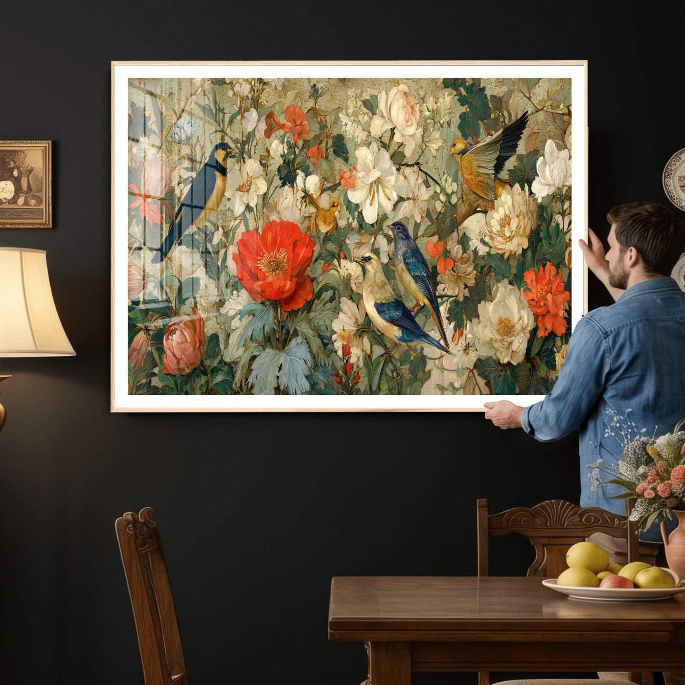 52904757-MGV-CV-36X24 - Vintage Birds and Flowers Wall Art Canvas Print, Botanical Bird Painting Canvas Print, Floral Garden Bird Artwork Canvas Print, Classic Bird Flower Painting Canvas Print