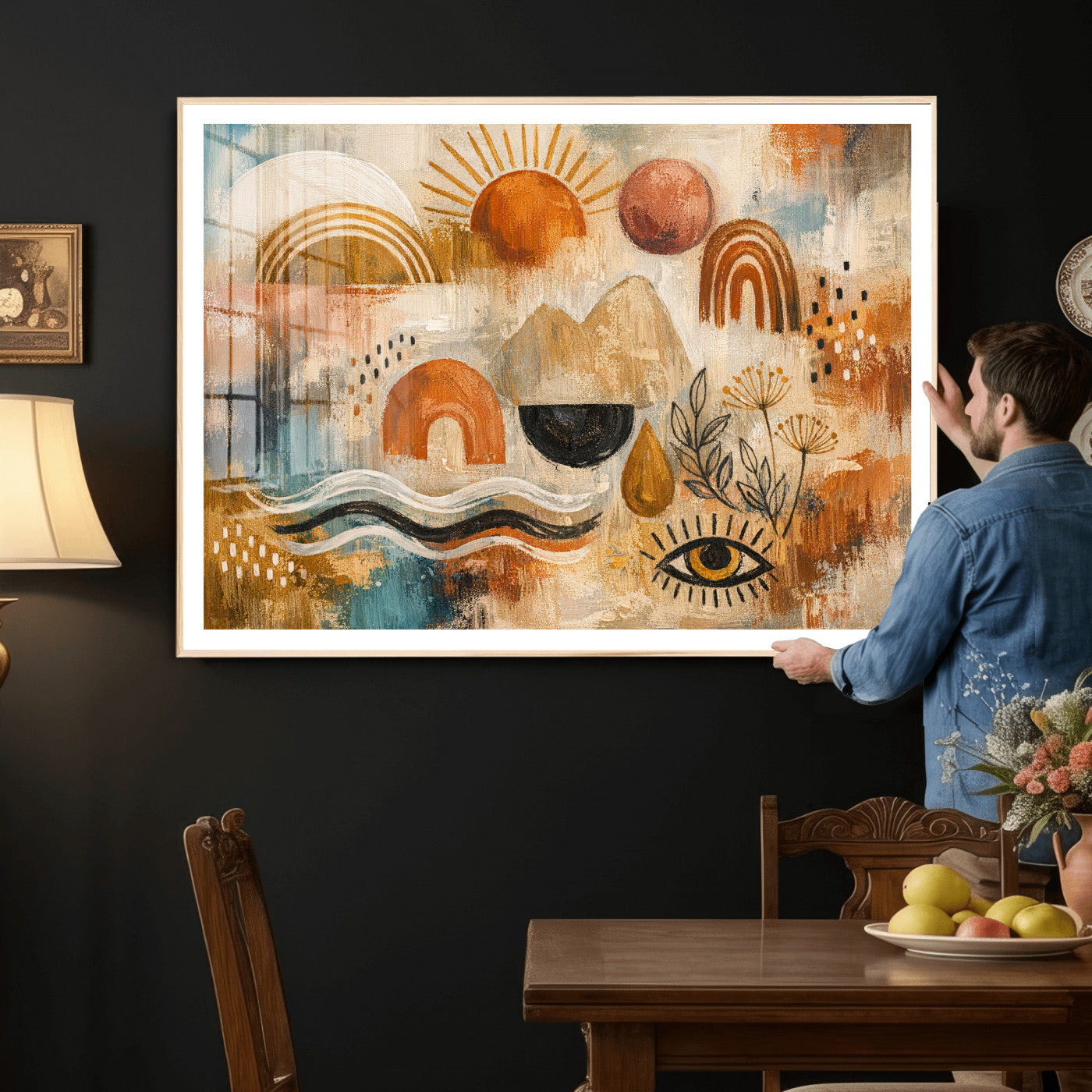 52155239-MGV-CV-36X24 - Geometric Boho Abstract Wall Art Canvas Print, Orange Blue Abstract Expressionist Painting Print, Modern Geometric Abstract Canvas Art