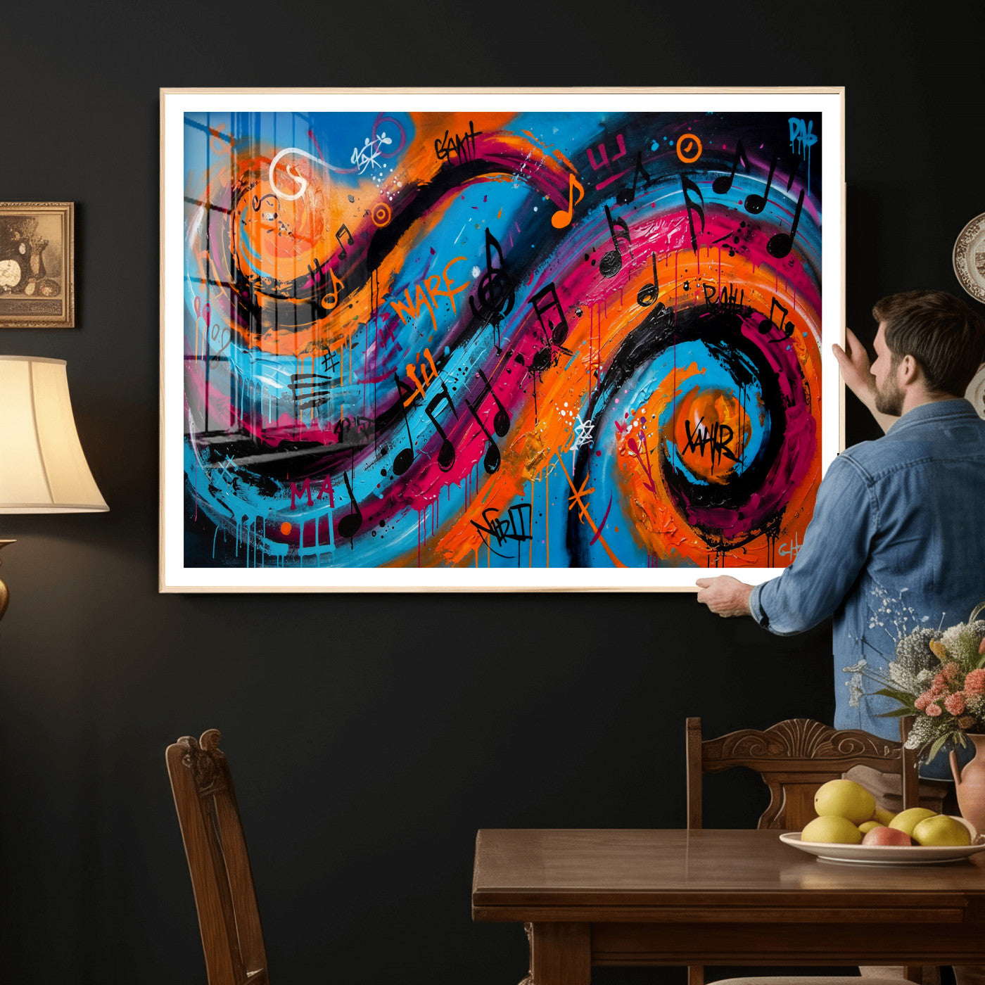 34936518-MGV-CV-36X24 - Geometric Abstract Wall Art Canvas Print, Orange Blue Abstract Expressionist Painting Print, Modern Geometric Abstract Canvas Art