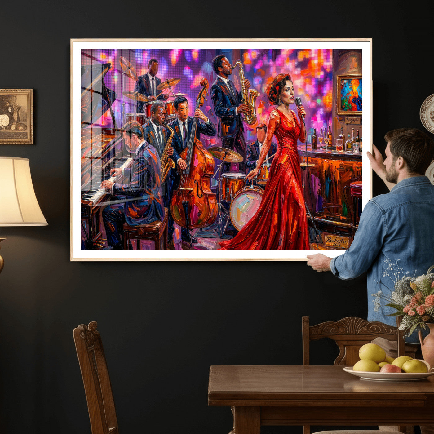 620930J20-MGV-CV-36X24 - Jazz Band Canvas Wall Art — Jazz Club Singer Saxophone Print | Music Wall Decor | Bar Restaurant Art | Music Lover Gift | Jazz Home Decor