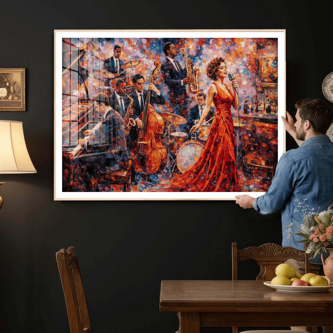 620930SF20-MGV-CV-36X24 - Jazz Band Canvas Wall Art — Jazz Club Singer Saxophone Print | Music Wall Decor | Bar Restaurant Art | Music Lover Gift | Jazz Home Decor