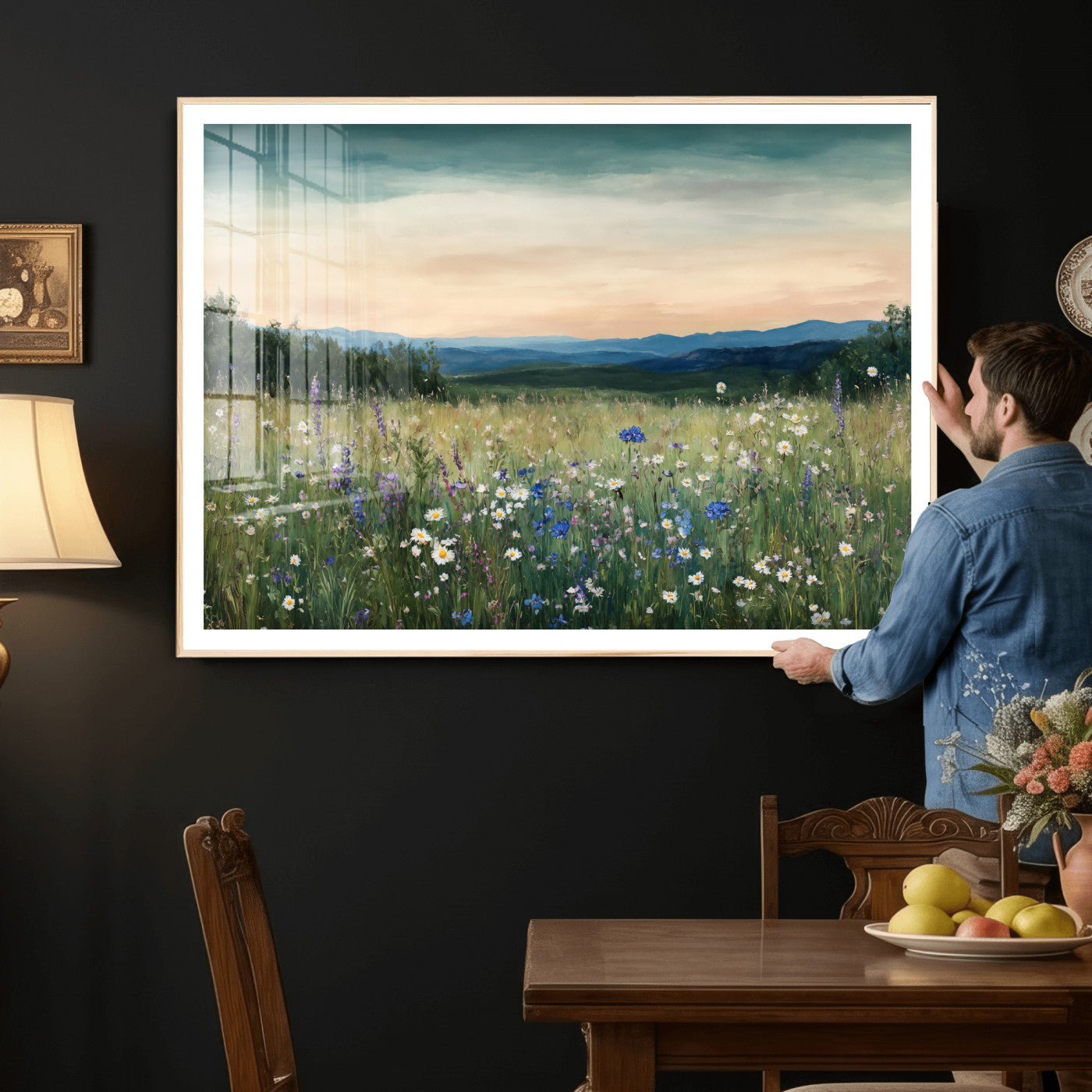 35773805-MGV-CV-36X24 - Wildflower Meadow Oil Painting Canvas — Daisy Lavender Mountain Sunset Print | Cottagecore Floral Wall Art | Bedroom Decor Gift for Her