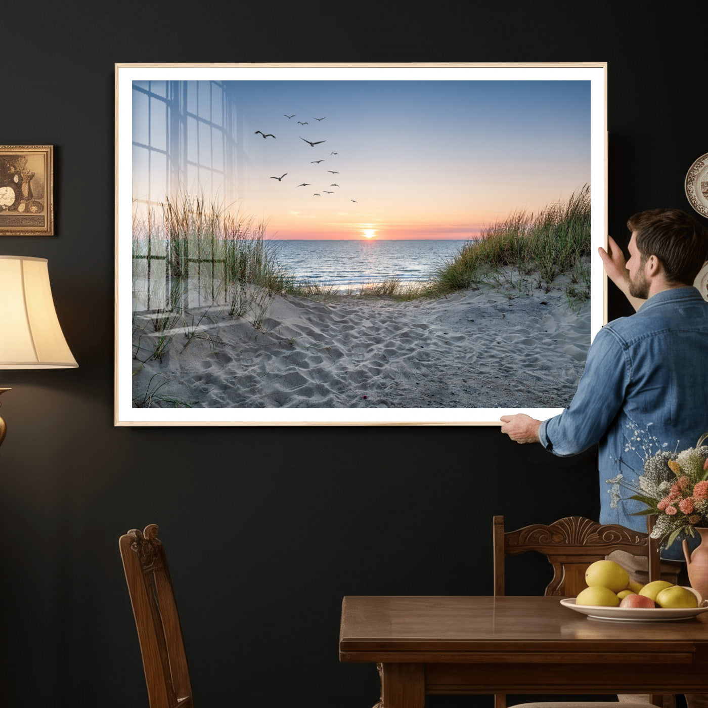 12172032-MGV-CV-36X24 - Sandy Dune Path Sunset Canvas Wall Art — Seagulls Beach Ocean Photography Print | Coastal Home Decor | Nautical Wall Art | Beach House Gift