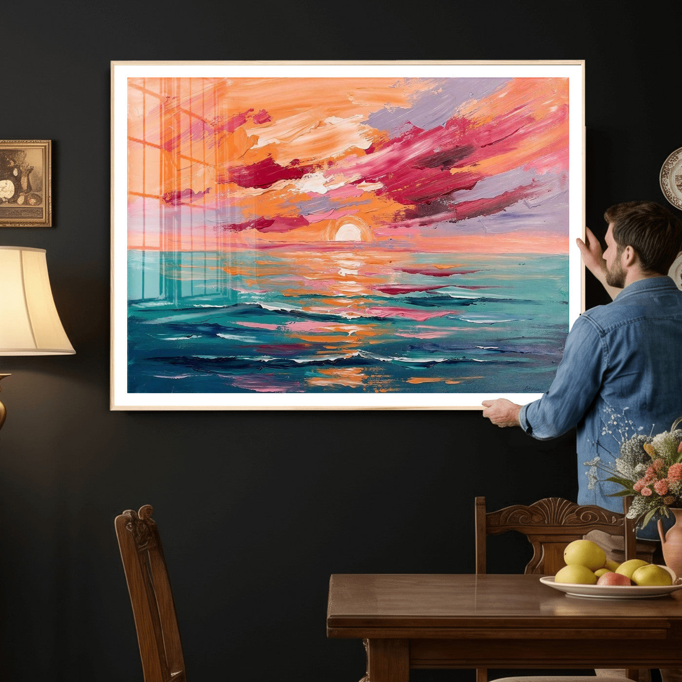 26763902-MGV-CV-36X24 - Bold Palette Knife Ocean Sunset Canvas — Orange Pink Teal Expressionist Sea Print | Colorful Coastal Wall Art | Vibrant Beach Decor Gift