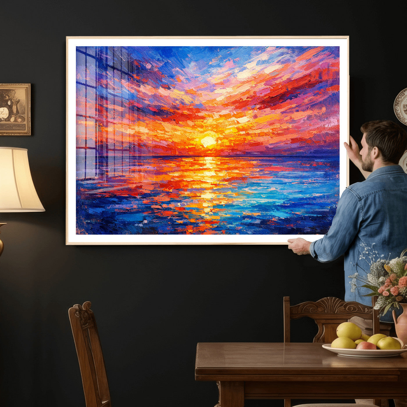 54915078-MGV-CV-36X24 - Colorful Knife Ocean Sunset Canvas — Orange Pink Teal Expressionist Sea Print | Colorful Coastal Wall Art | Vibrant Beach Decor Gift