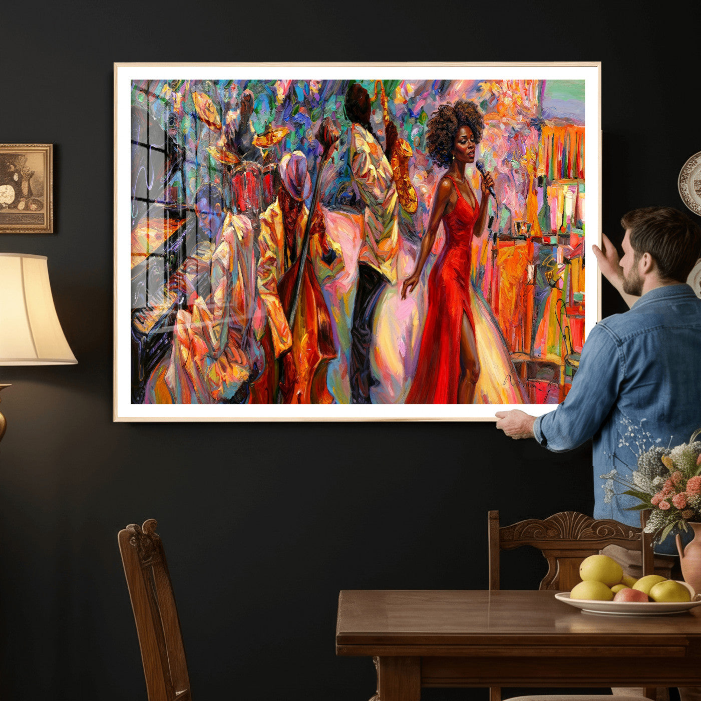 72615137-MGV-CV-36X24 - African American Jazz Singer Canvas Art - Red Dress Black Woman Music Print | Colorful Jazz Band Wall Decor | Living Room Gift for Her
