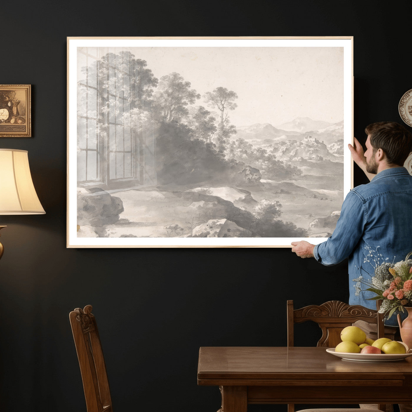 33041209-MGV-CV-36X24 - Van Poelenburch Landscape Canvas Wall Art — Dutch Golden Age Gray Wash Drawing Print | Baroque Italianate Nature Decor | Old Master Classic Gift