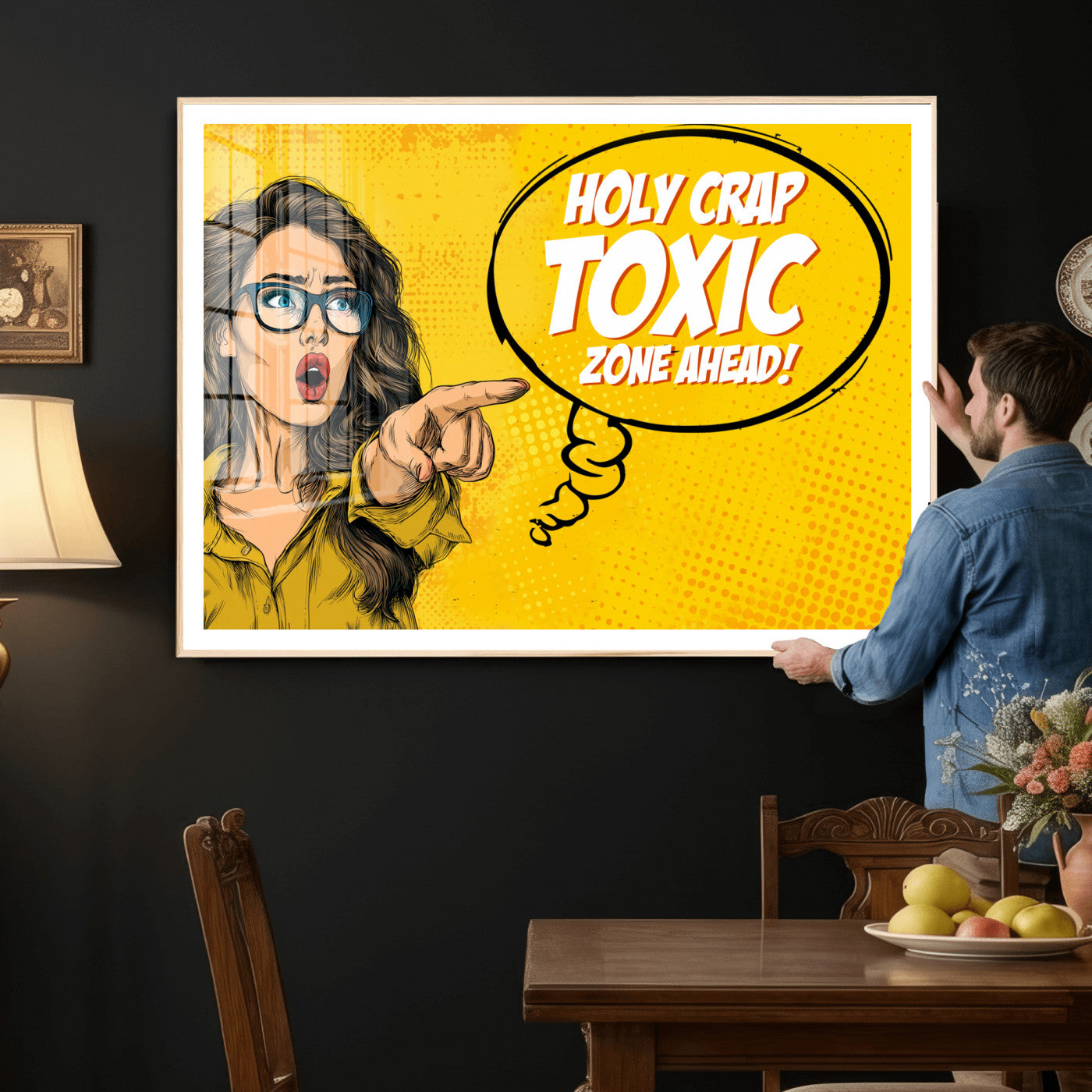 79751885-MGV-CV-36X24 - Pop Art Print Bathroom Sign Wall Art Canvas Print — Funny Bathroom Canvas | Comic Style Toilet Wall Decor | Humor Gift | Yellow Bold Bathroom Art