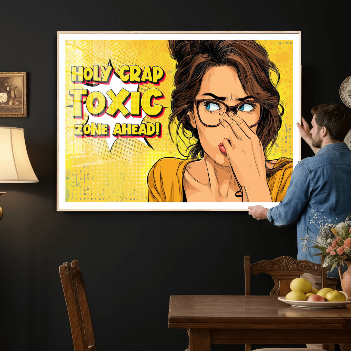 96263876-MGV-CV-36X24 - Pop Art Print Bathroom Sign Wall Art Canvas Print — Funny Bathroom Canvas | Comic Style Toilet Wall Decor | Humor Gift | Yellow Bold Bathroom Art