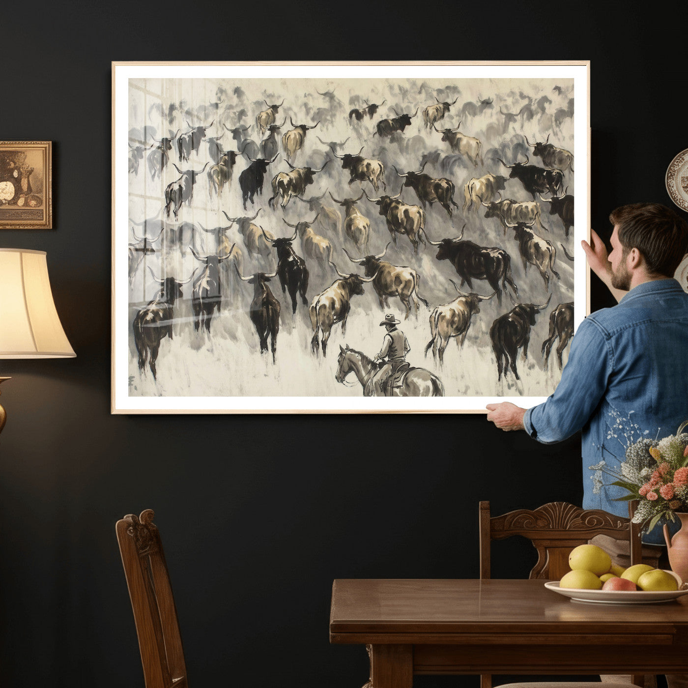 48049876-MGV-CV-36X24 - Cowboy Cattle Drive Canvas Wall Art, Western Longhorn Herd Ink Painting Print, Ranch Rodeo Decor, Black White Western Art, Large Living Room Art