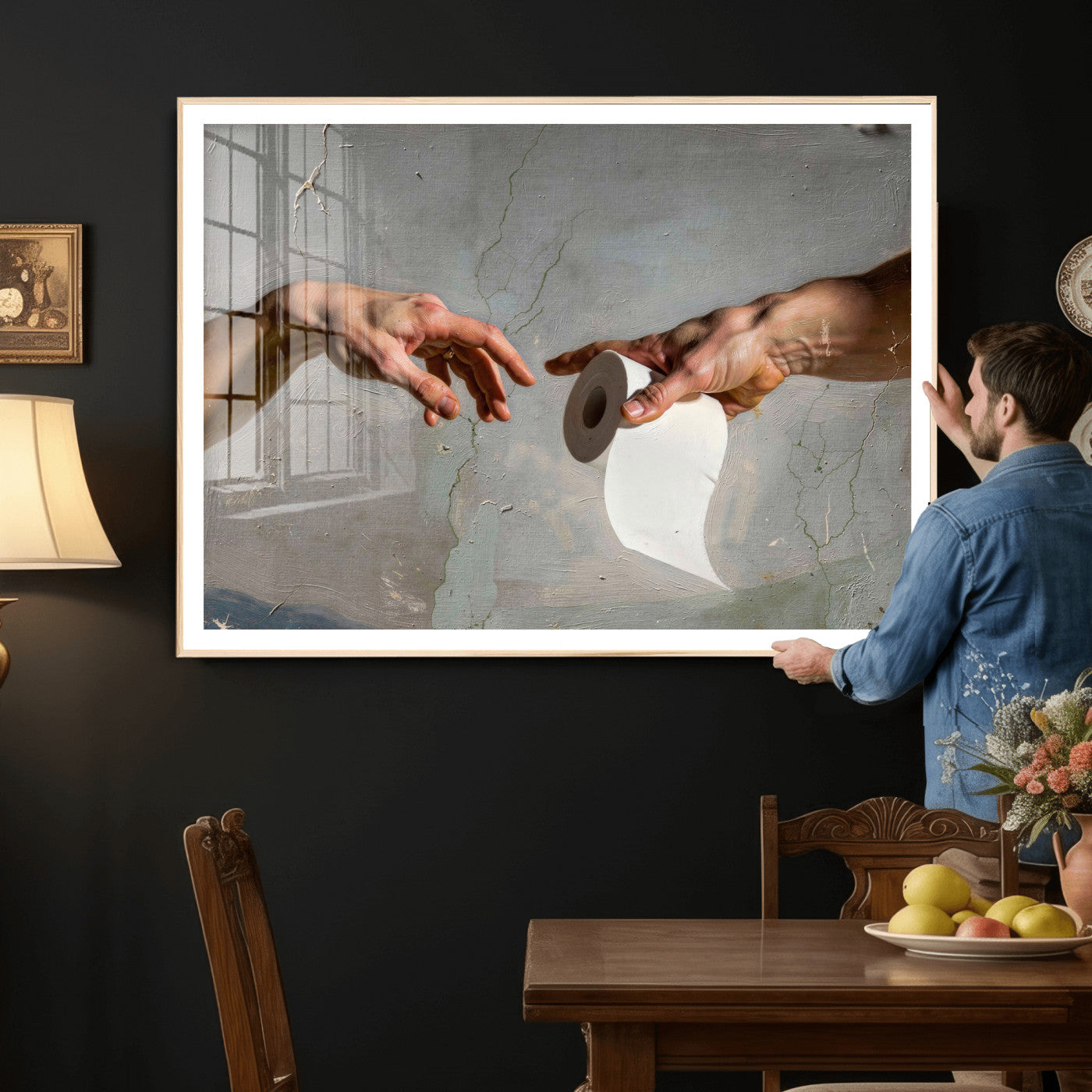 72030048-MGV-CV-36X24 - Funny Bathroom Wall Art Canvas, Creation of Toilet Paper Parody Print, Renaissance Humor Decor, Toilet Room Art, Quirky Housewarming Gift, Classic Art Spoof