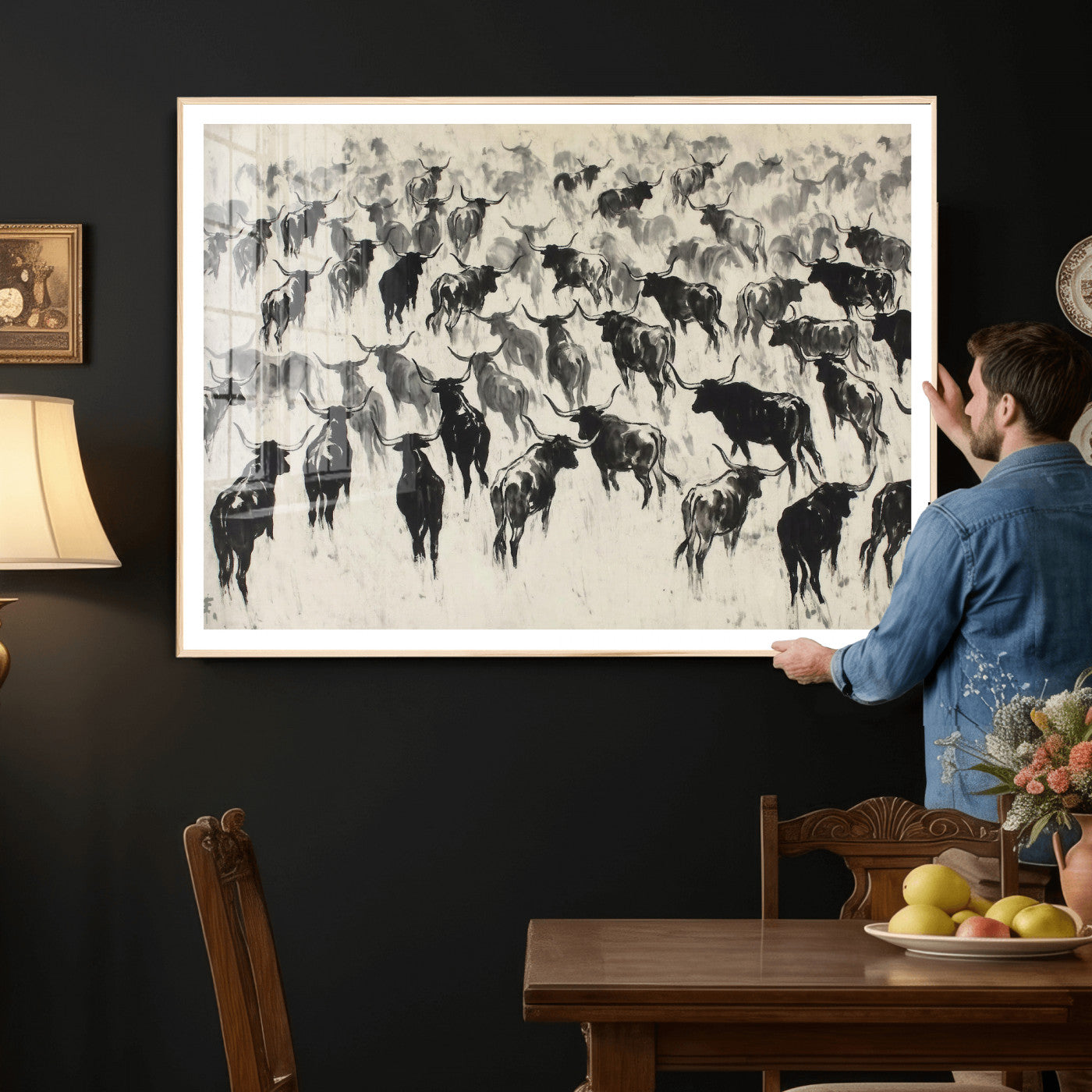 68669792-MGV-CV-36X24 - Longhorn Cattle Canvas Wall Art, Black White Stampede Ink Painting Print, Western Farmhouse Decor, Bull Herd Art, Large Living Room Wall Art, Ranch Home Decor