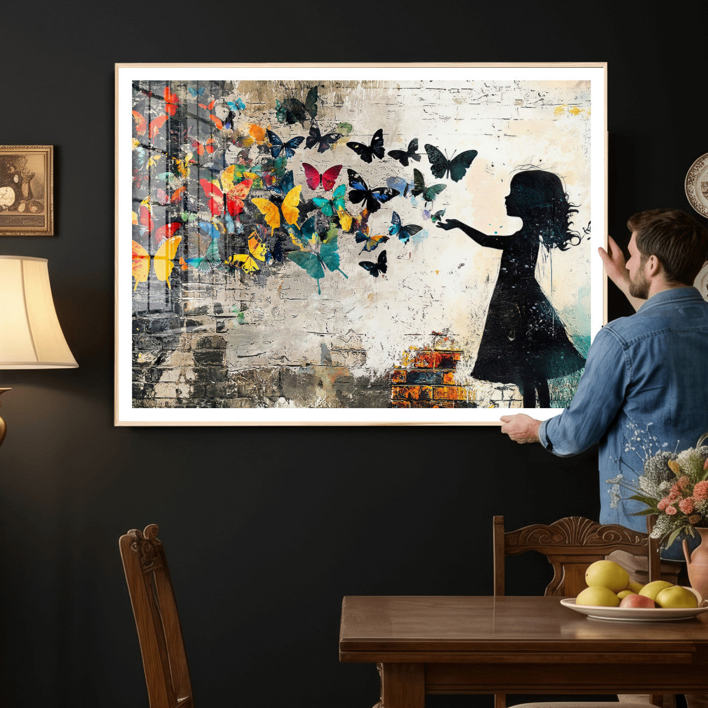 33909022-MGV-CV-36X24 - Banksy Butterfly Girl Wall Art Canvas Print, Framed Street Art Silhouette Graffiti Artwork, Colorful Butterfly Wall Decor for Living Room Bedroom Office