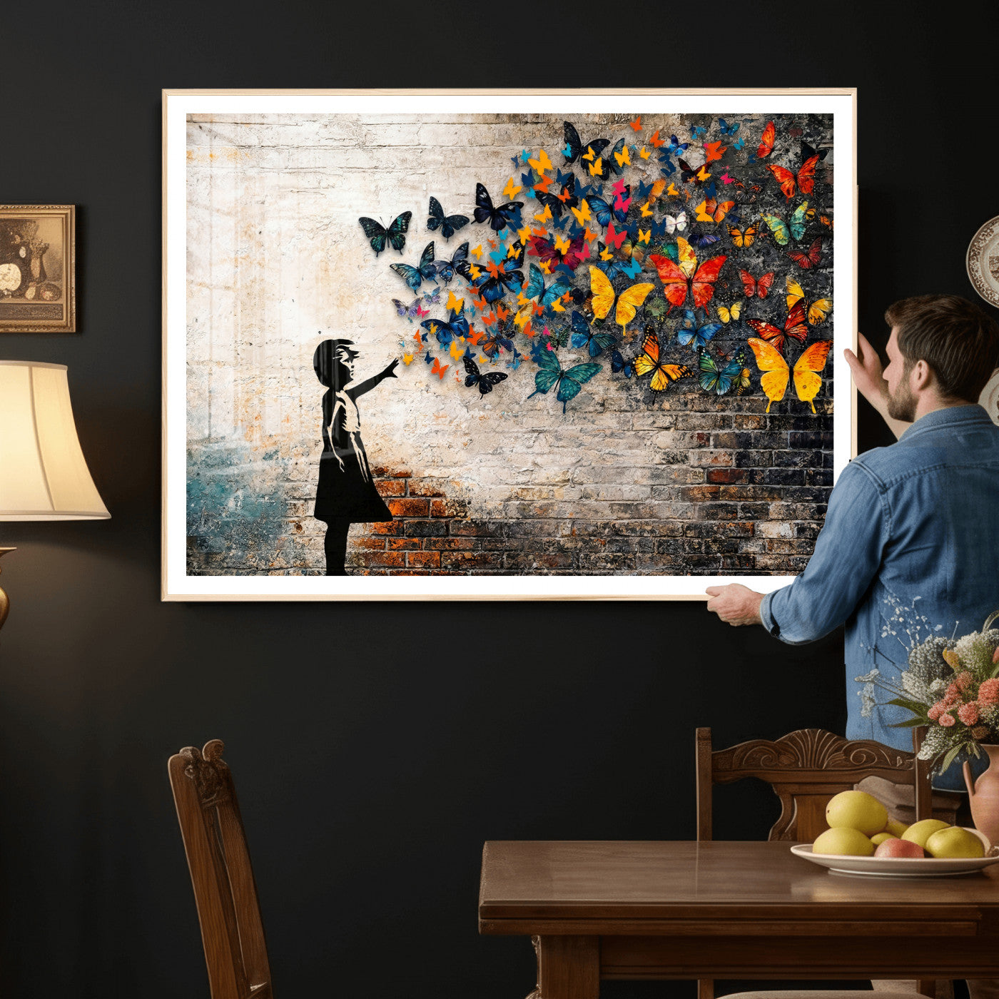 78760384-MGV-CV-36X24 - Banksy Graffiti Butterfly Girl Wall Art Canvas Print, Framed Street Art Canvas Print, Silhouette Butterfly Wall Art for Living Room Bedroom Office