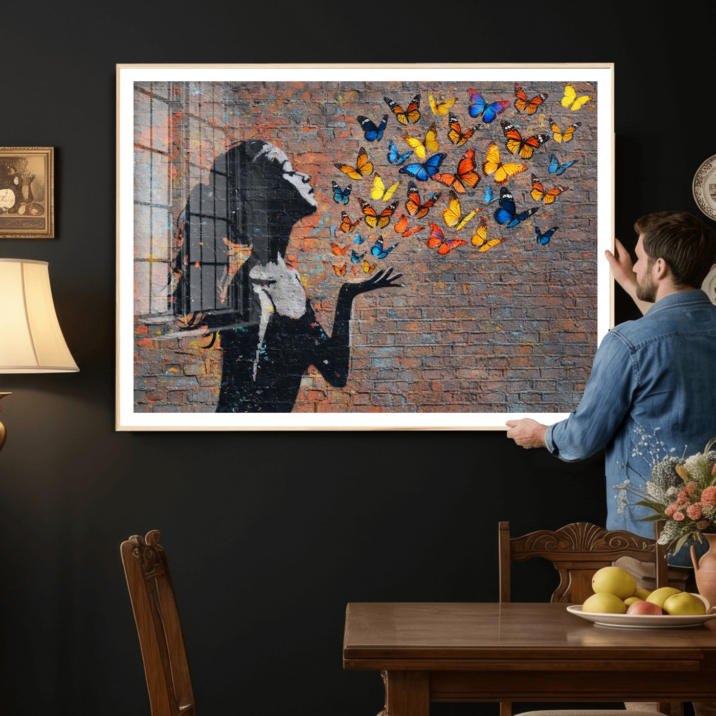10555939-MGV-CV-36X24 - Urban Banksy Butterfly Girl Wall Art Canvas Print, Framed Street Art Canvas Print, Graffiti Silhouette Butterfly Wall Art for Living Room Bedroom Office