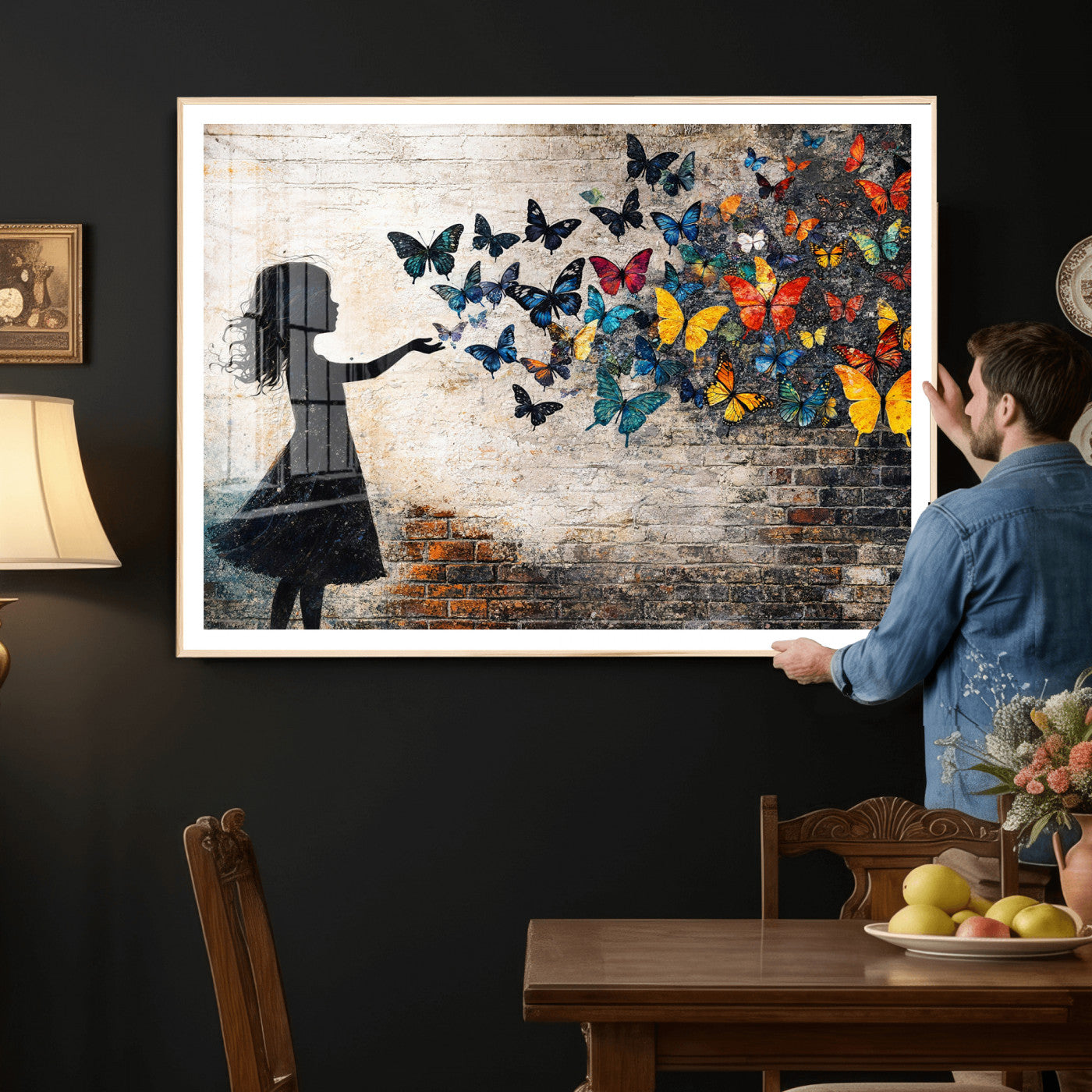 70522594-MGV-CV-36X24 - Banksy Butterfly Girl Wall Art Canvas Print, Framed Street Art Canvas Print, Graffiti Silhouette Butterfly Wall Art for Living Room Bedroom Office