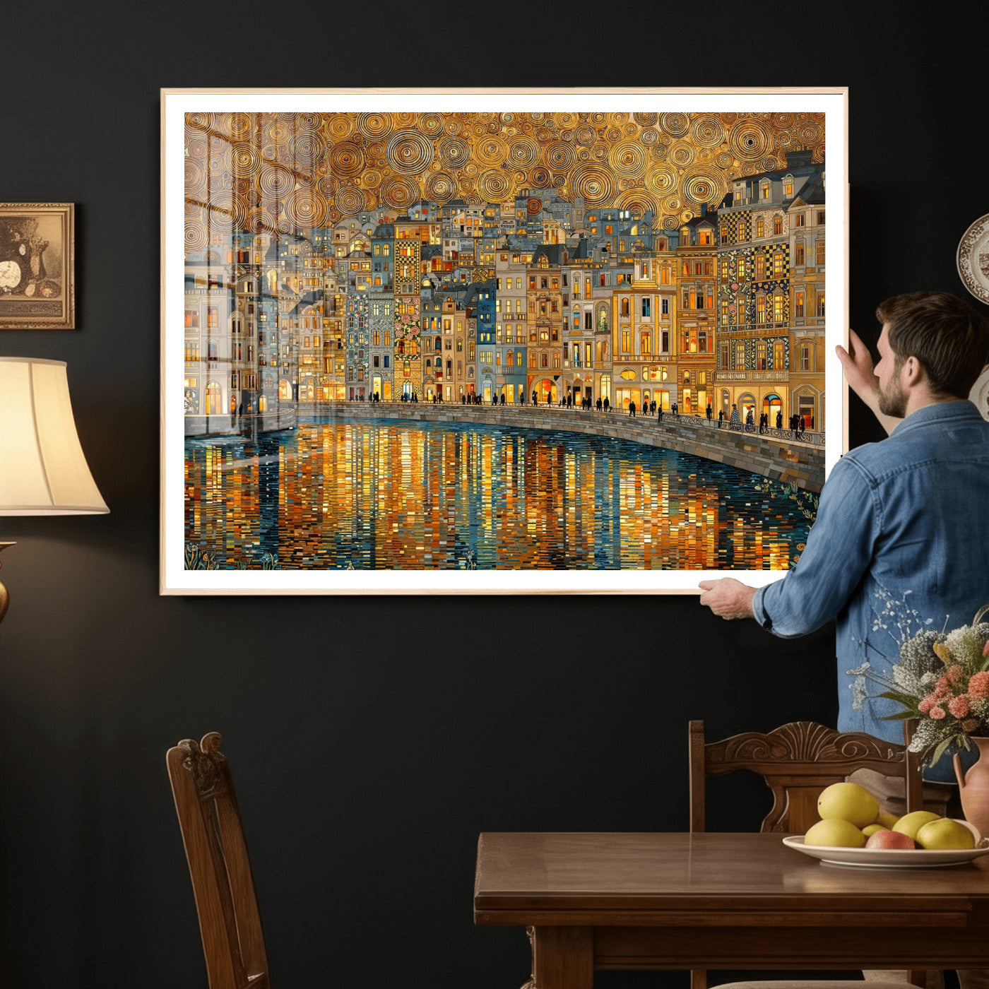 94022787-MGV-CV-36X24 - Gustav Klimt Golden Cityscape Wall Art Canvas Print, Framed River Town Landscape Artwork, Ornate Architecture Wall Decor for Living Room Bedroom Office