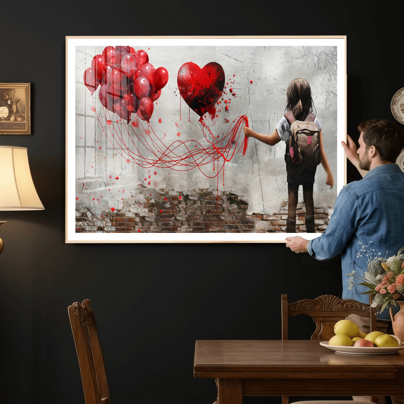 2162830T-MGV-CV-36X24 - Girl Graffiti Wall Art Canvas Print, Red Balloon Heart Street Art, Urban Love Artwork for Living Room Bedroom Hallway Office, Modern Abstract Canvas Wall Decor Home Decor