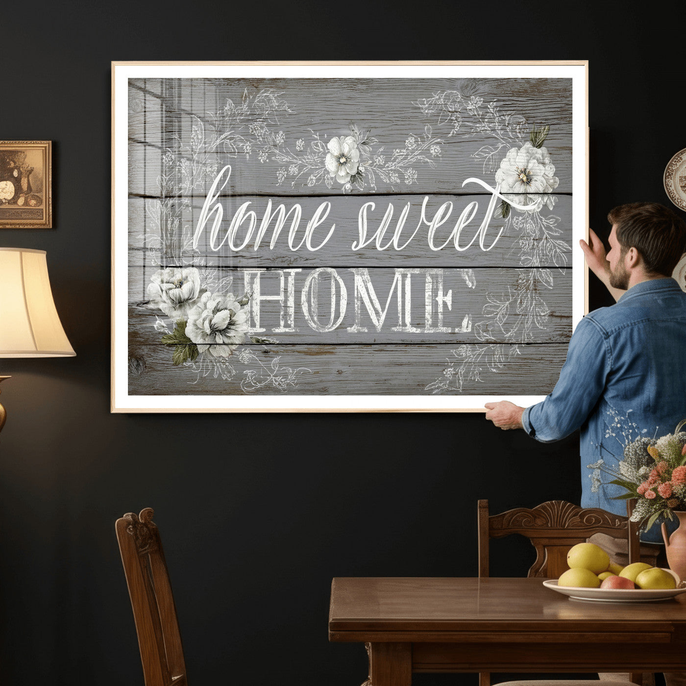 42160089-MGV-CV-36X24 - Home Sweet Home Sign Wall Art Canvas Print, Floral Farmhouse Sign, Rustic Neutral Entryway Bedroom Living Room Decor