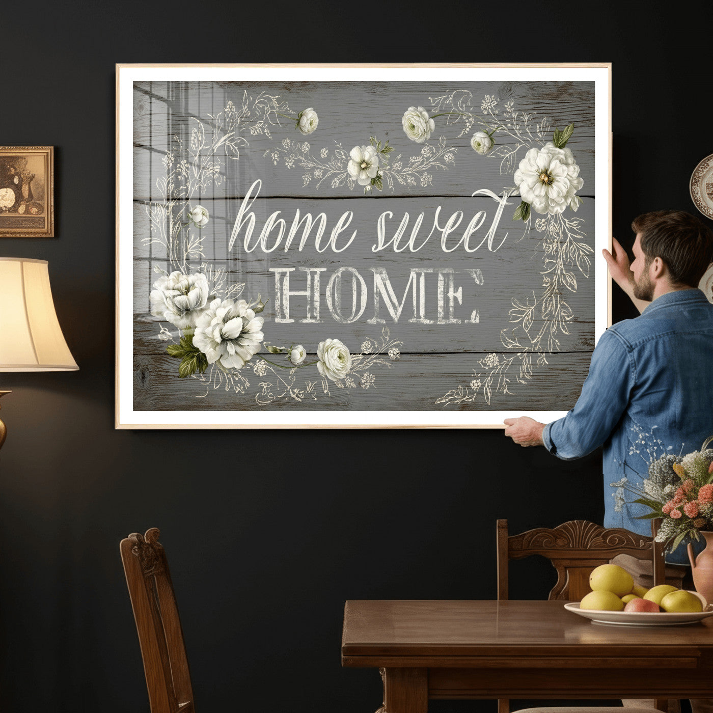 32056075-MGV-CV-36X24 - Home Sweet Home Wall Art Canvas Print, Floral Farmhouse Sign, Rustic Neutral Entryway Bedroom Living Room Decor