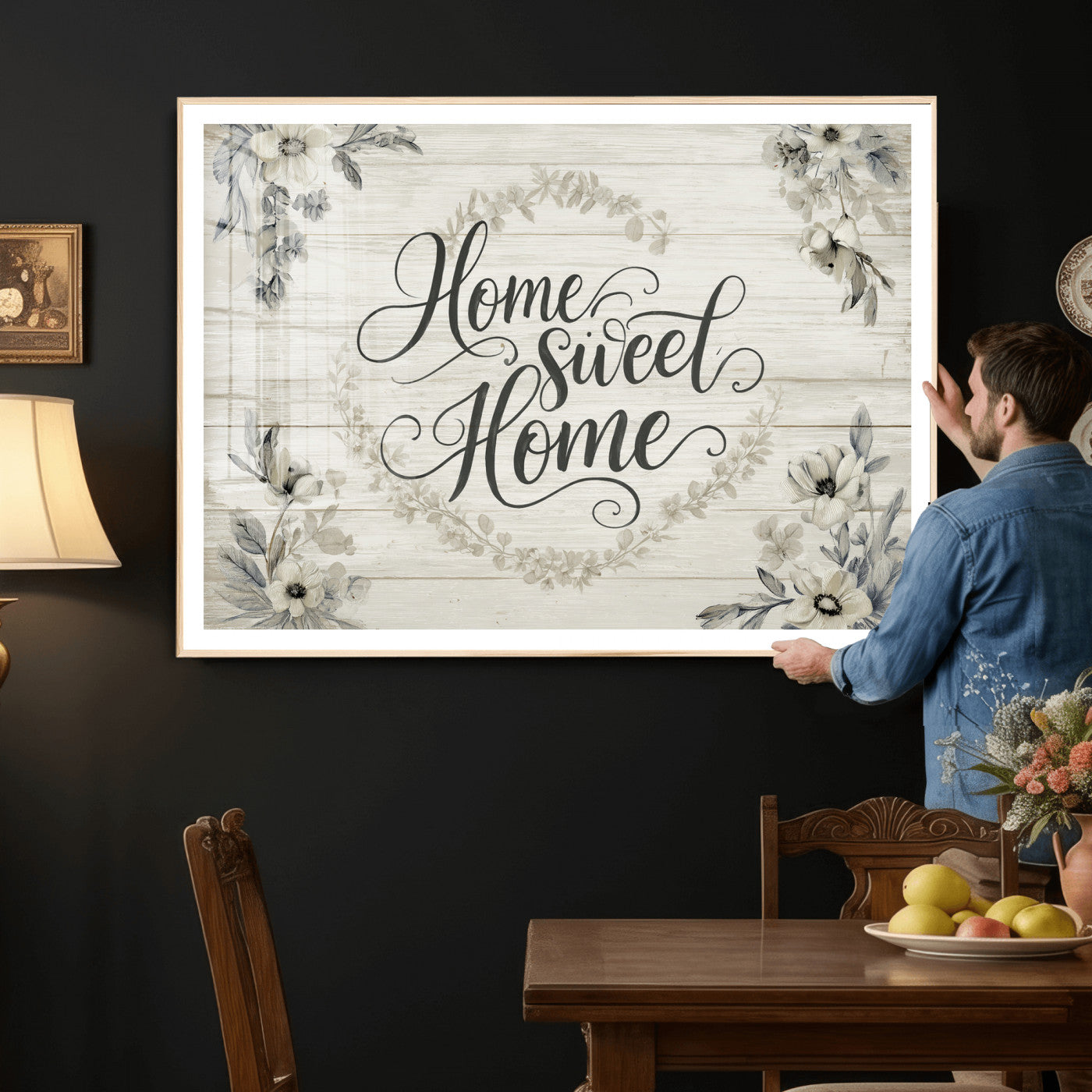 81157008-MGV-CV-36X24 - Home Sweet Home Wall Art Canvas Print, Floral Farmhouse Sign, Rustic Neutral Entryway Bedroom Living Room Decor