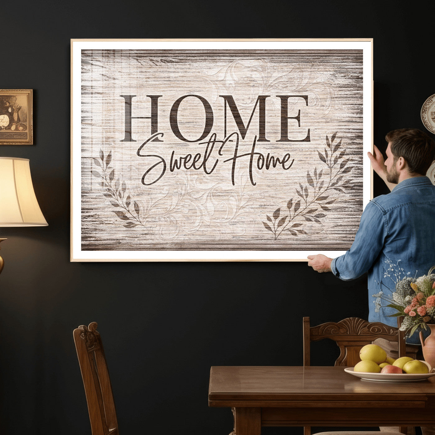 81157008S-MGV-CV-36X24 - Home Sweet Home Wall Art Canvas Print, Floral Farmhouse Sign, Rustic Neutral Entryway Bedroom Living Room Decor