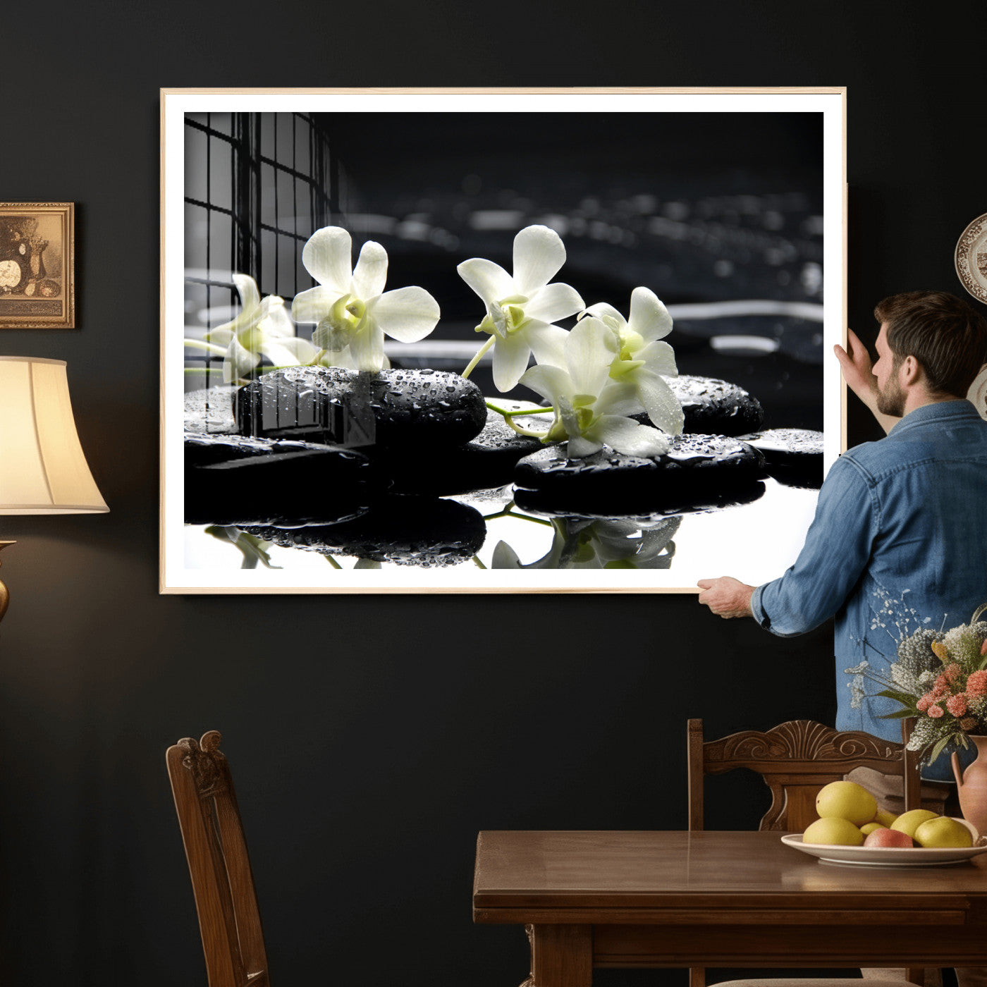 79486206-MGV-CV-36X24 - Plumeria Frangipani Black Stone Canvas | White Flower Spa Photography Print | Tropical Zen Wall Art | Grey Pebble Floral for Meditation Room Decor