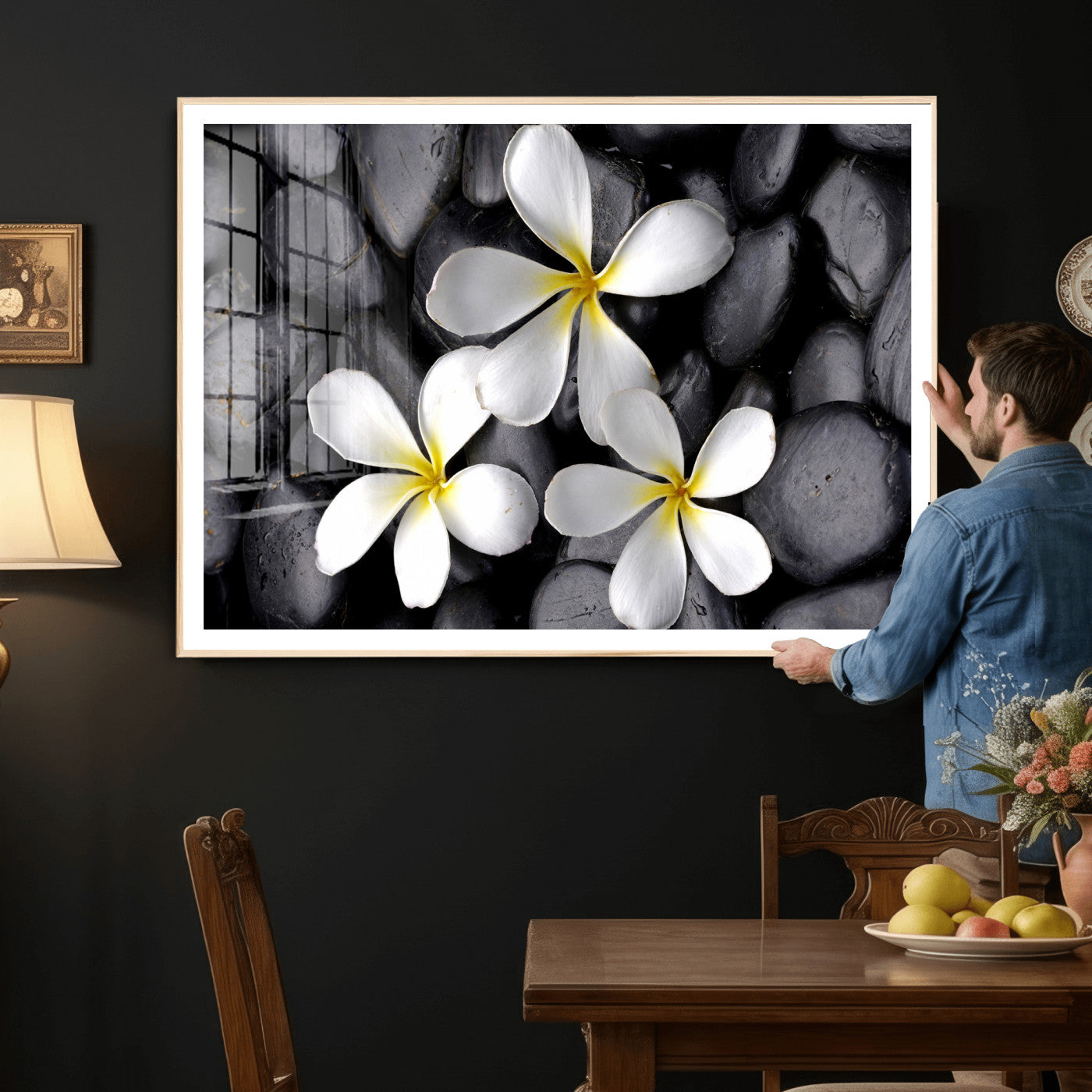 43639613-MGV-CV-36X24 - Plumeria Frangipani Black Stone Canvas | White Flower Spa Photography Print | Tropical Zen Wall Art | Grey Pebble Floral Decor