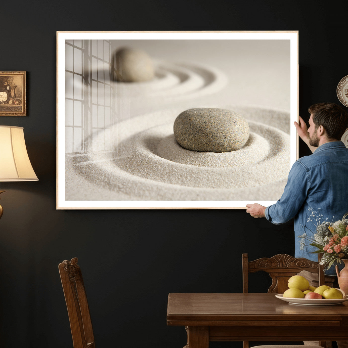 13397966-MGV-CV-36X24 - Zen Garden Stone Sand Canvas | Japanese Rock Garden Wall Art | Minimalist Meditation Print | Neutral Beige Mindfulness Decor