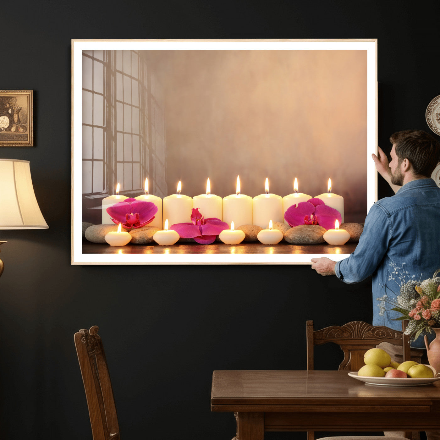 59470569-MGV-CV-36X24 - Spa Candles Orchid Canvas Print | Zen Wellness Relaxation Wall Art | Pink Flower Candlelight Bathroom Decor | Calm Beige Photography