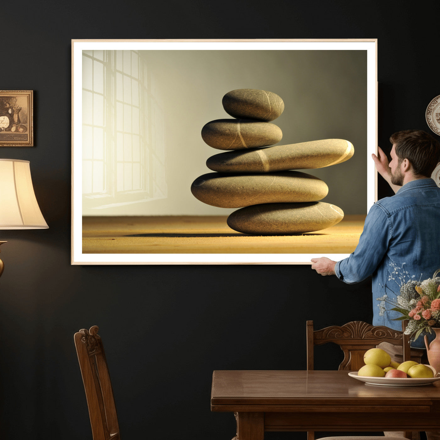 85424263-MGV-CV-36X24 - Zen Stone Wall Art Canvas Print, Balanced Rock Stack Framed Spa Artwork, Minimalist Meditation Decor for Living Room Bedroom Office Bathroom
