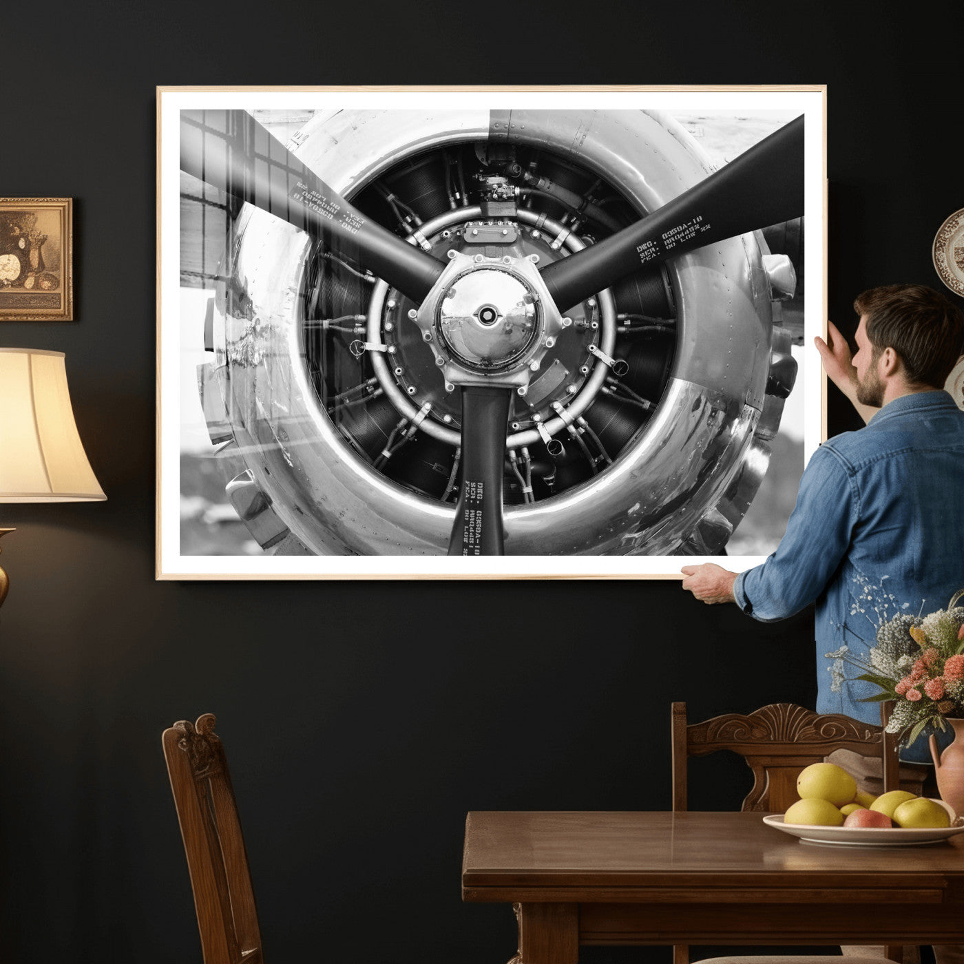 73322230-MGV-CV-36X24 - Vintage Propeller Plane Wall Art Canvas Print, Black and White Airplane Engine Close Up Framed Aviation Artwork for Pilot Office Hangar Decor