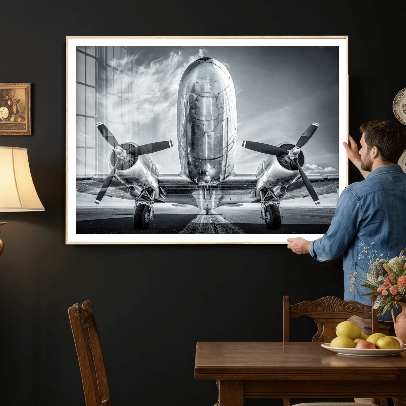 59729636-MGV-CV-36X24 - Vintage Propeller Plane Wall Art Canvas Print, Black and White Airplane Engine Close Up Framed Aviation Artwork for Pilot Office Hangar Decor
