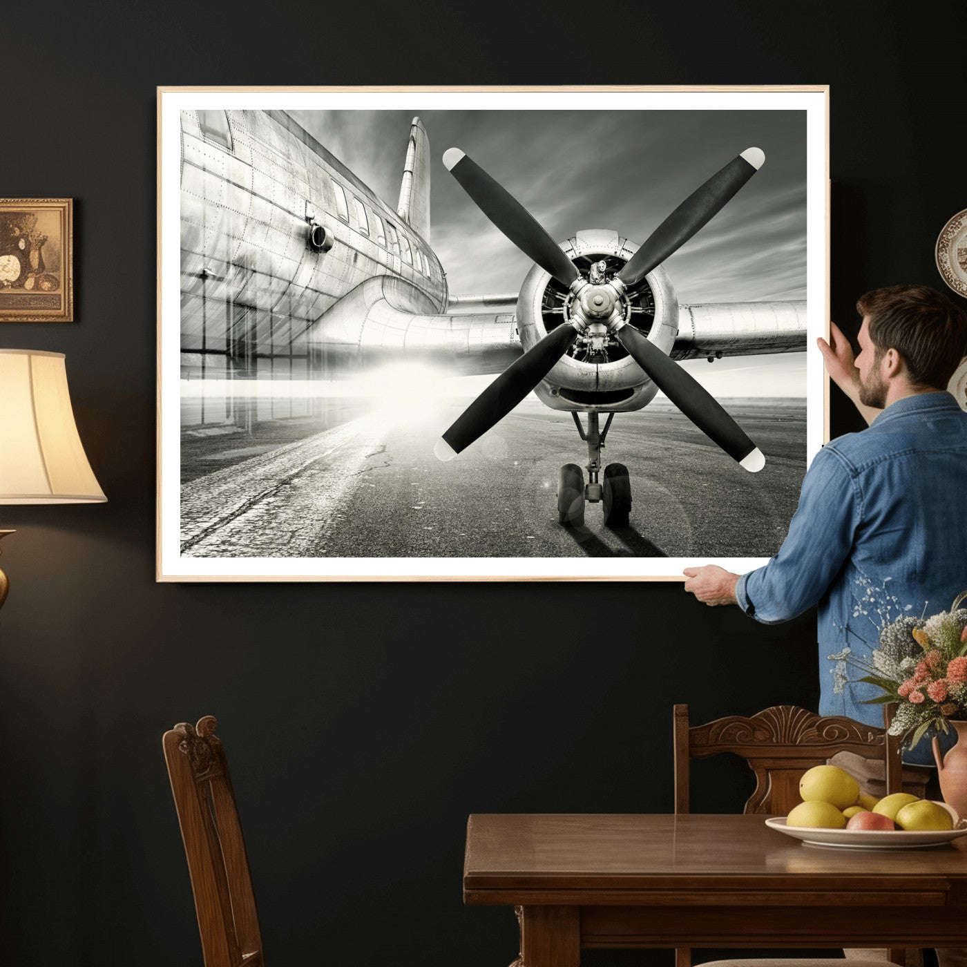 16420255-MGV-CV-36X24 - Vintage Airplane Wall Art Canvas Print, Black and White Propeller Aircraft Framed Aviation Artwork for Pilot Office Hangar Living Room Decor