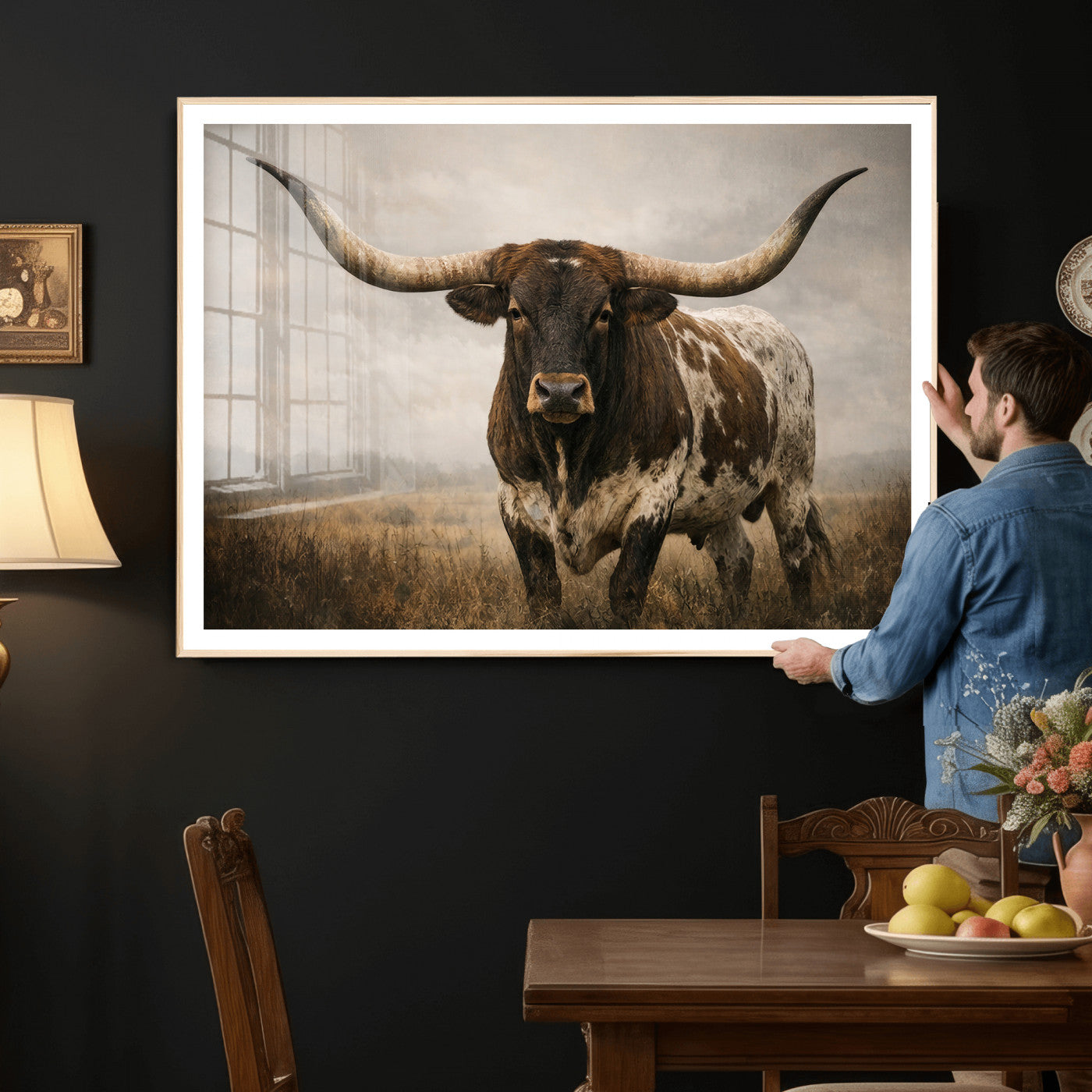 17622011L-MGV-CV-36X24 - Longhorn Bull Wall Art Canvas Print, Western Farmhouse Cowboy Decor, Rustic Texas Ranch Cattle Artwork for Living Room Bedroom Office, Framed Wall Decor