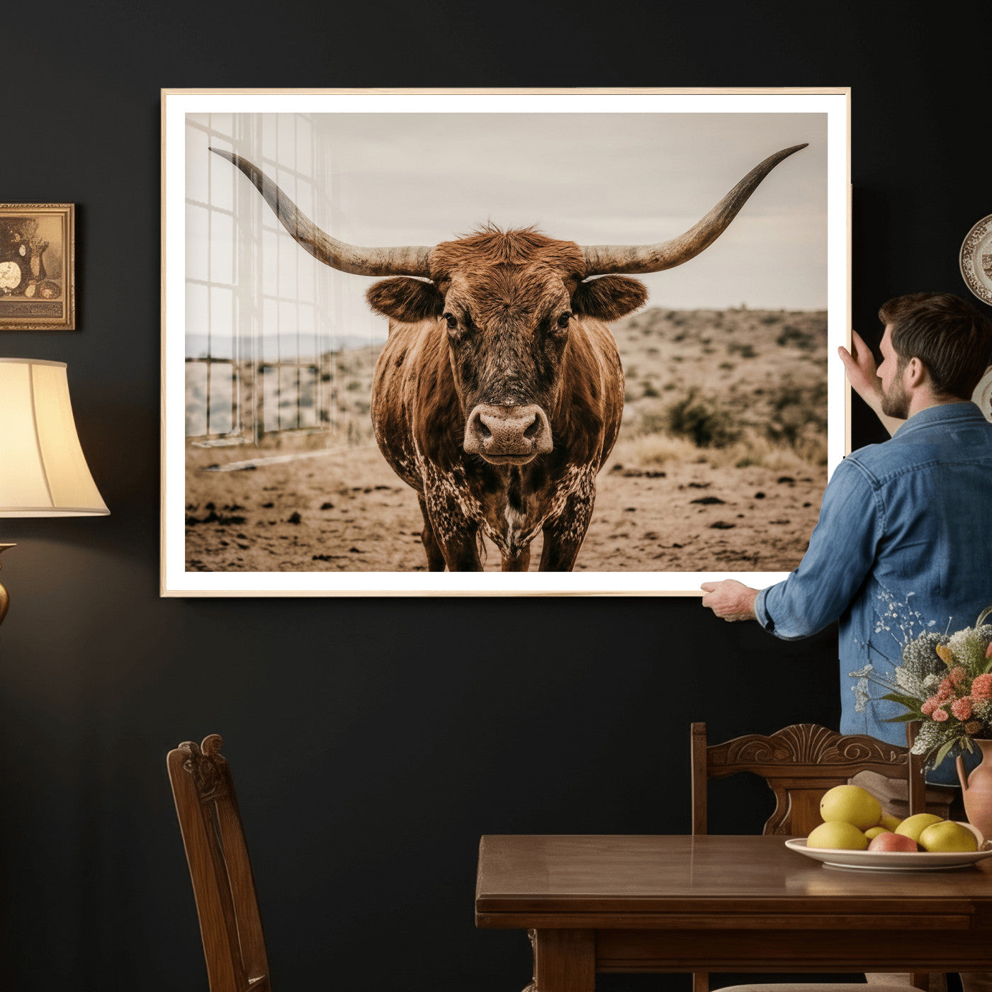 17622011K-MGV-CV-36X24 - Texas Longhorn Bull Wall Art Canvas Print, Western Farmhouse Cowboy Decor, Rustic Texas Ranch Cattle Artwork for Living Room Bedroom Office, Framed Wall Decor